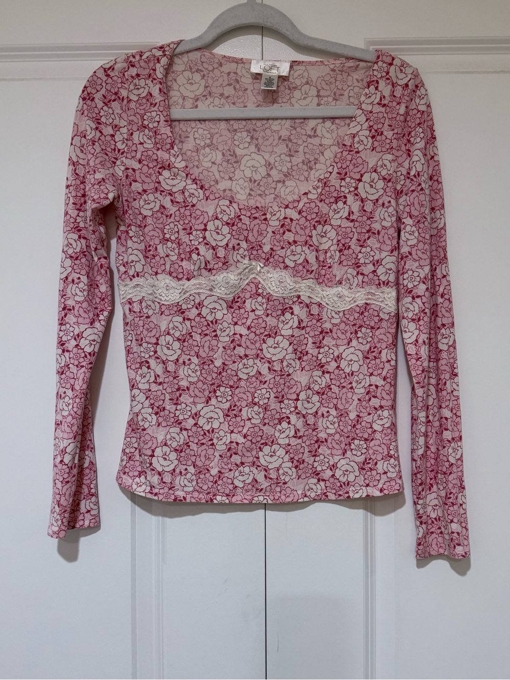 LOFT Pink Floral Lace-Trim Scoop Neck Long Sleeve Top Sleepwear